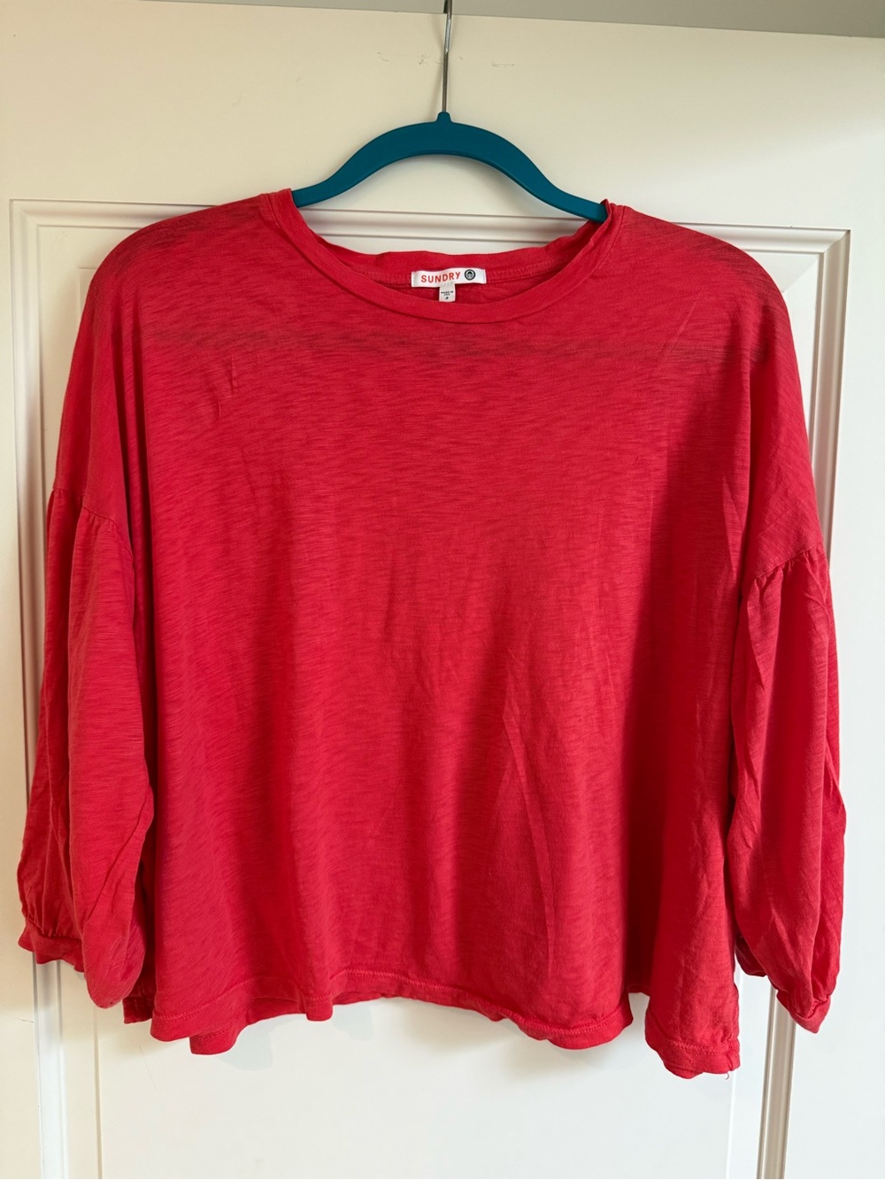 Sundry Coral-Red Balloon Sleeve Crewneck Top Tee